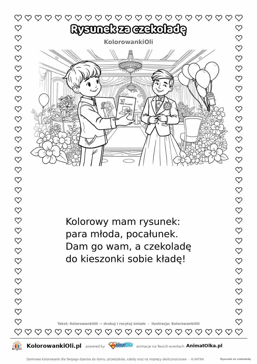 Wierszyk na wesele dla dzieci „Rysunek za czekoladę” z ilustracją do kolorowania — karta A4 do druku