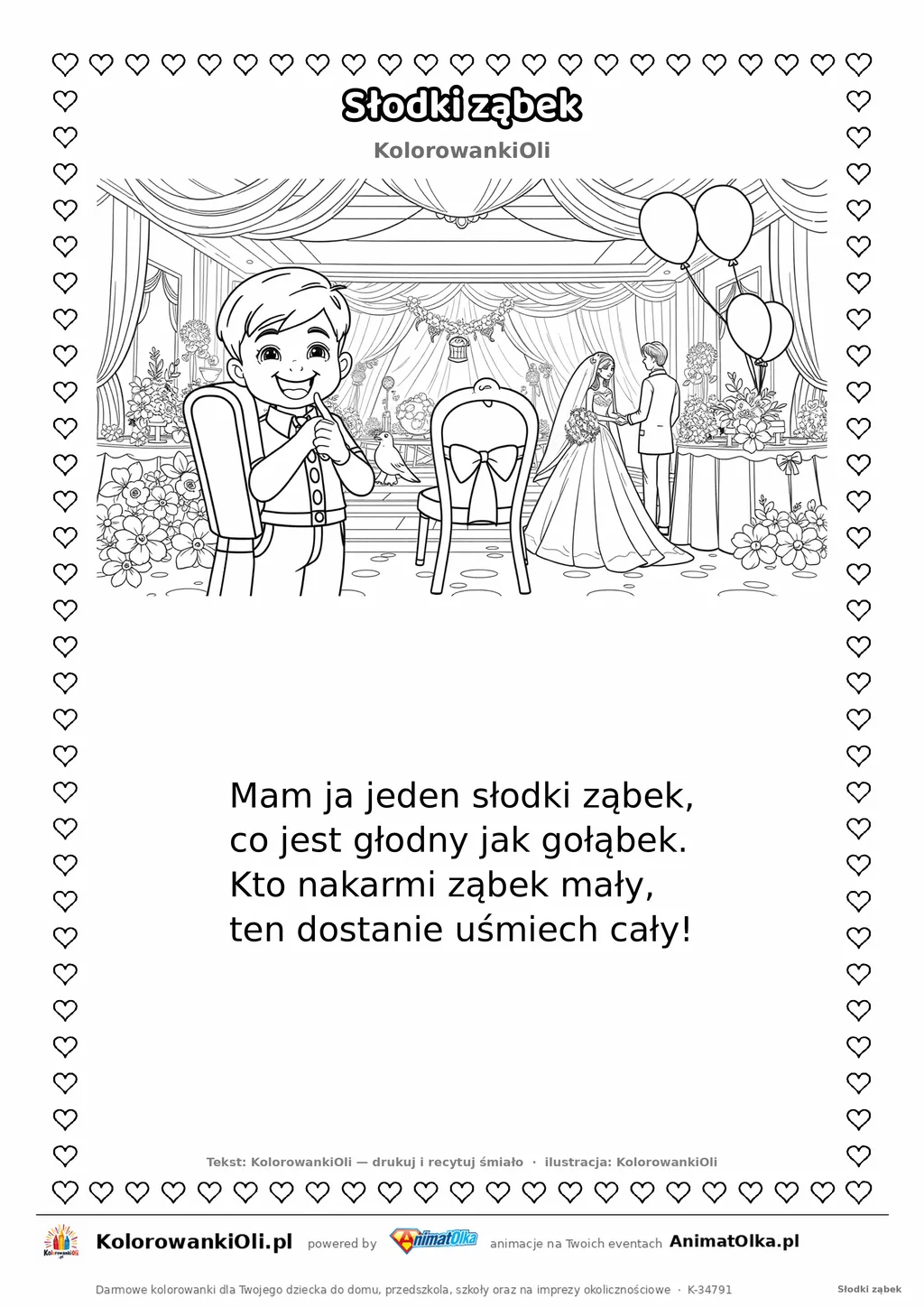 Wierszyk na wesele dla dzieci „Słodki ząbek” z ilustracją do kolorowania — karta A4 do druku