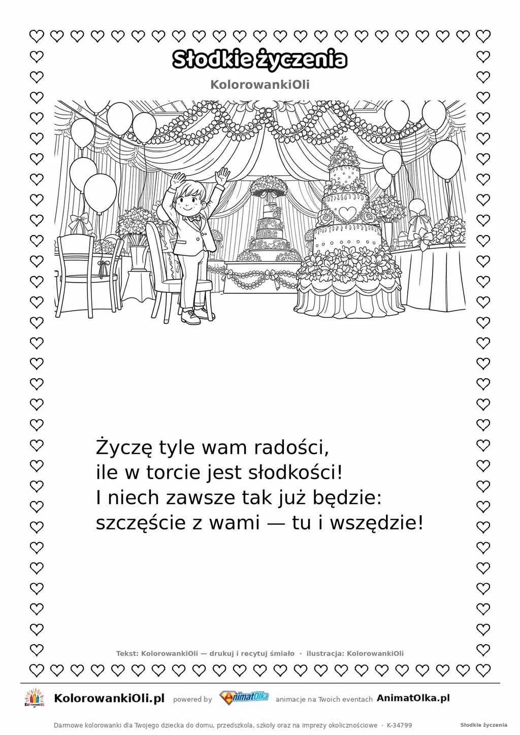 Wierszyk na wesele dla dzieci „Słodkie życzenia” z ilustracją do kolorowania — karta A4 do druku