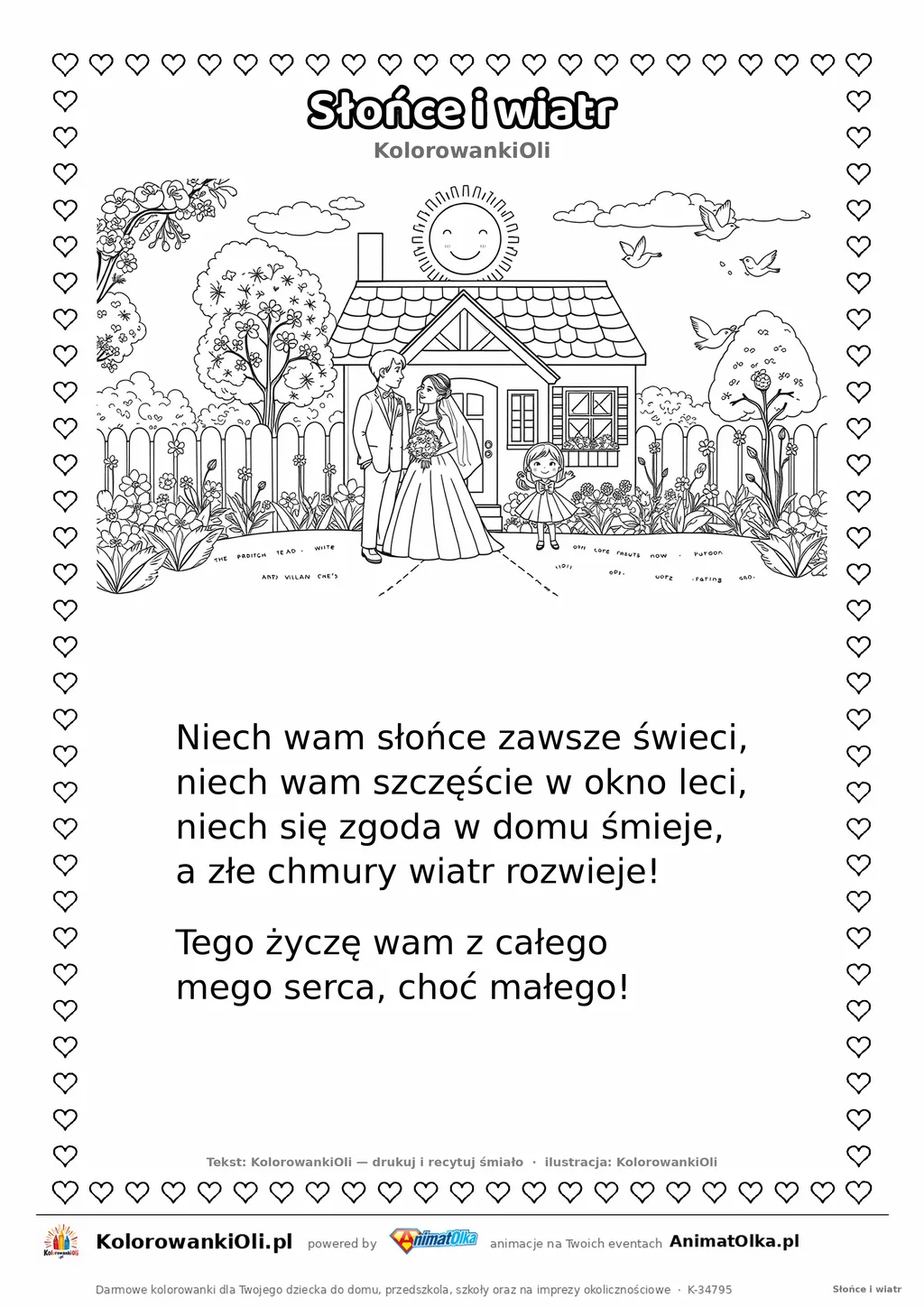 Wierszyk na wesele dla dzieci „Słońce i wiatr” z ilustracją do kolorowania — karta A4 do druku