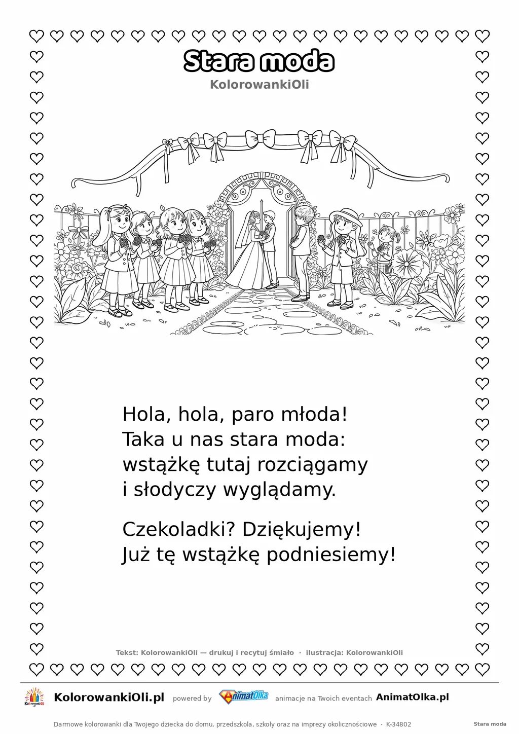 Wierszyk na wesele dla dzieci „Stara moda” z ilustracją do kolorowania — karta A4 do druku