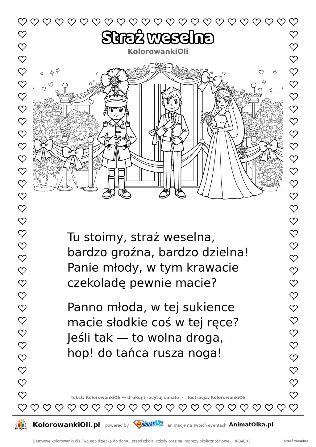Wierszyk na wesele dla dzieci „Straż weselna” z ilustracją do kolorowania — karta A4 do druku
