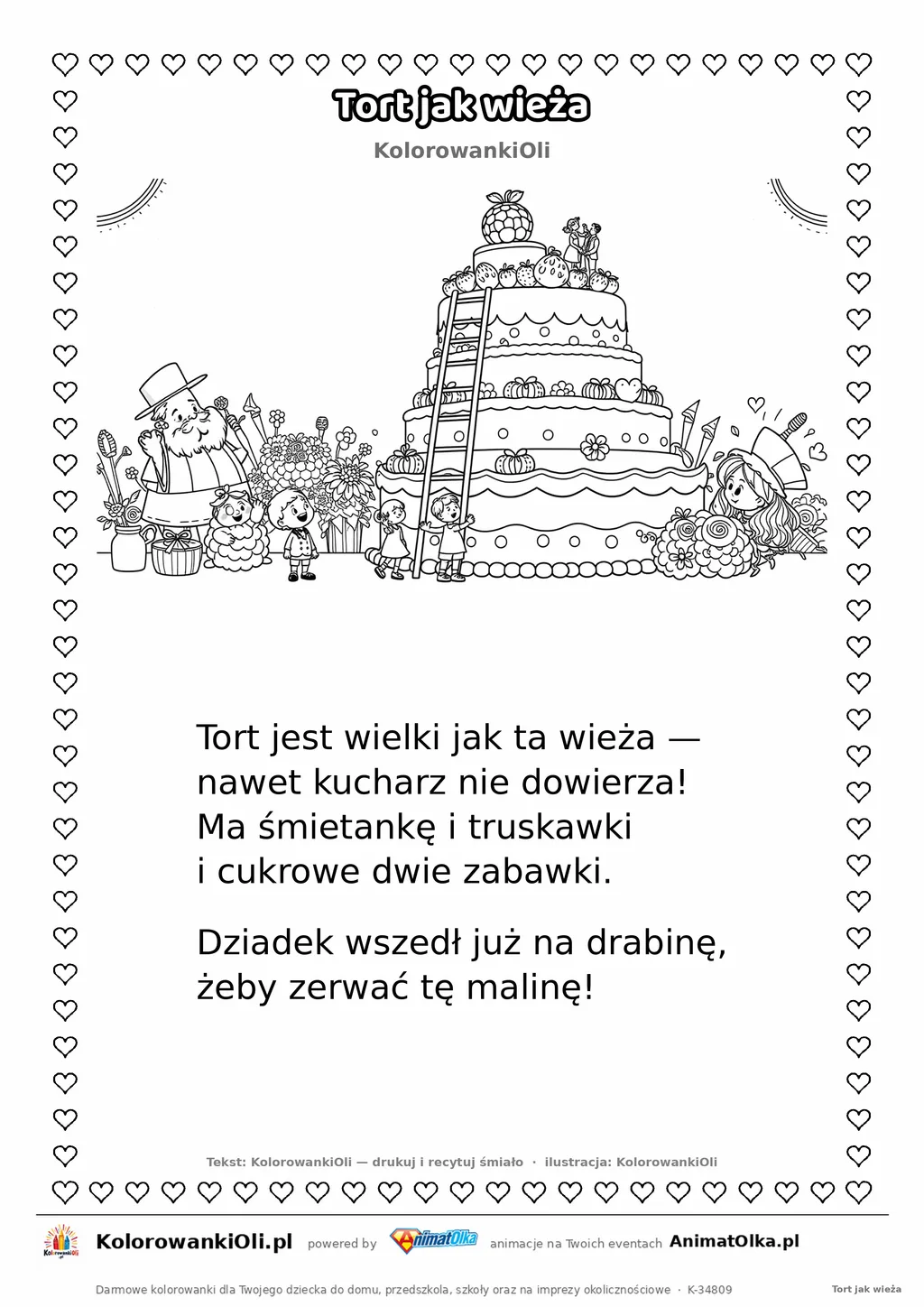 Wierszyk na wesele dla dzieci „Tort jak wieża” z ilustracją do kolorowania — karta A4 do druku
