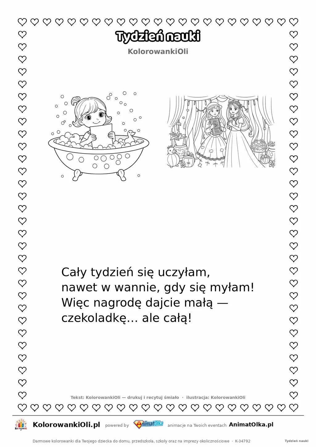 Wierszyk na wesele dla dzieci „Tydzień nauki” z ilustracją do kolorowania — karta A4 do druku