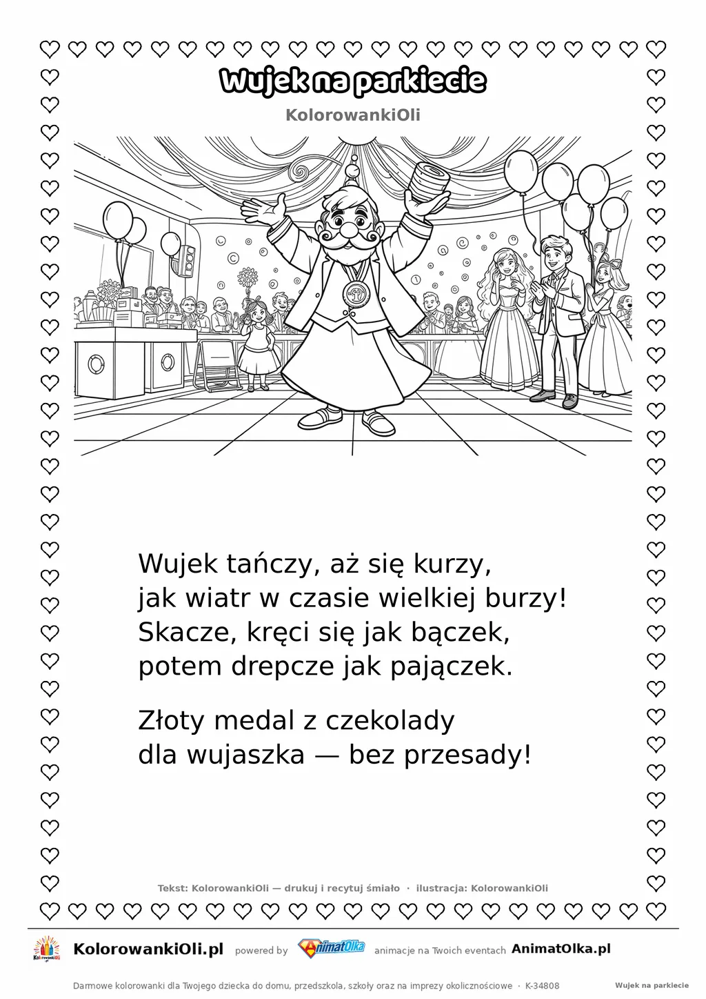 Wierszyk na wesele dla dzieci „Wujek na parkiecie” z ilustracją do kolorowania — karta A4 do druku