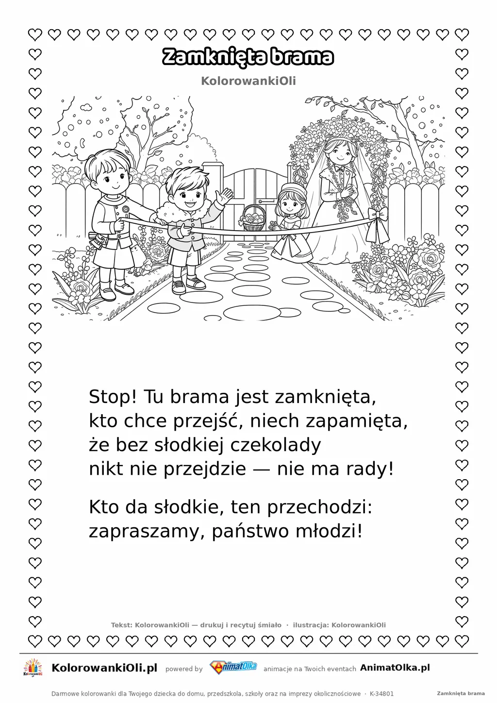 Wierszyk na wesele dla dzieci „Zamknięta brama” z ilustracją do kolorowania — karta A4 do druku