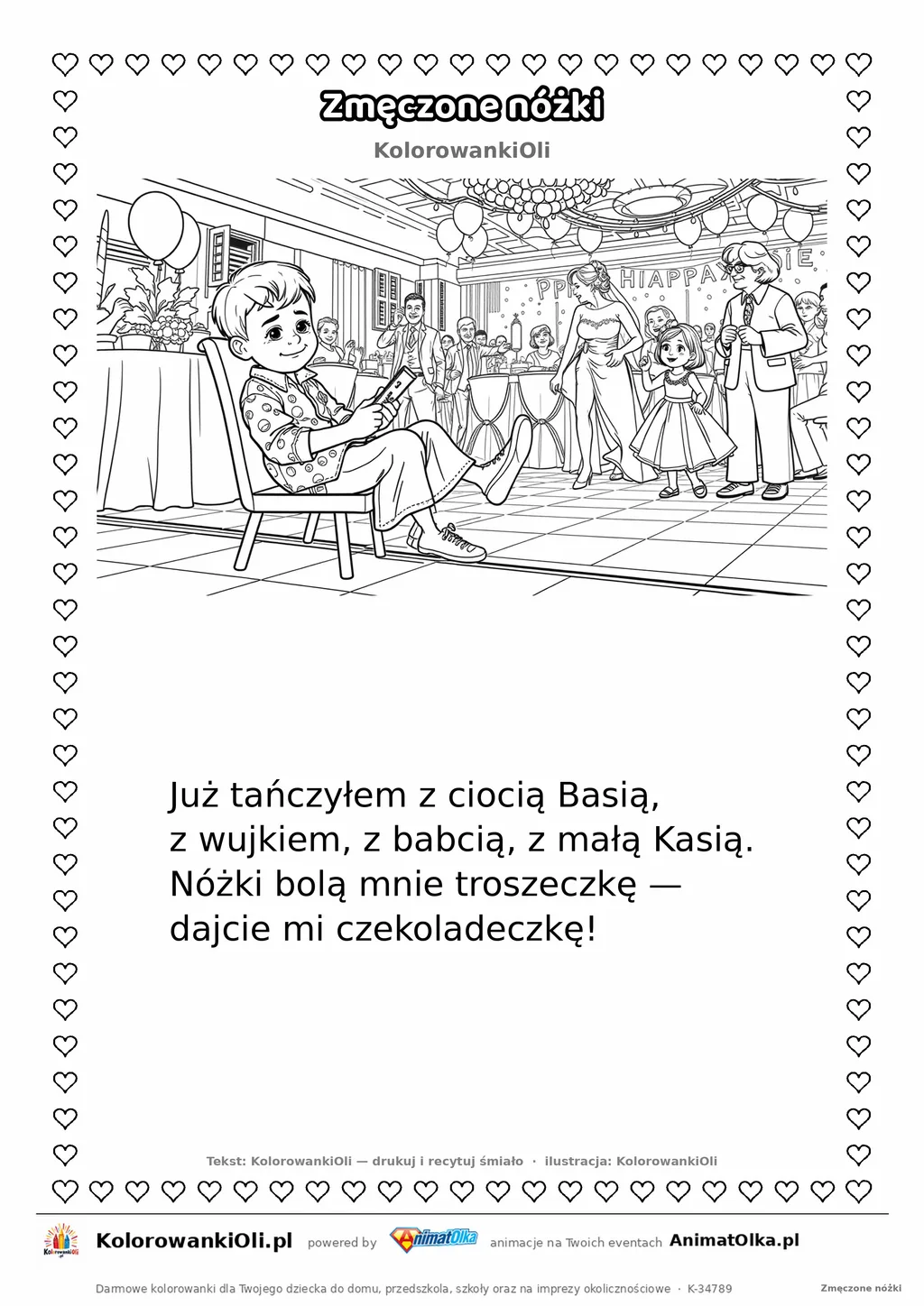 Wierszyk na wesele dla dzieci „Zmęczone nóżki” z ilustracją do kolorowania — karta A4 do druku