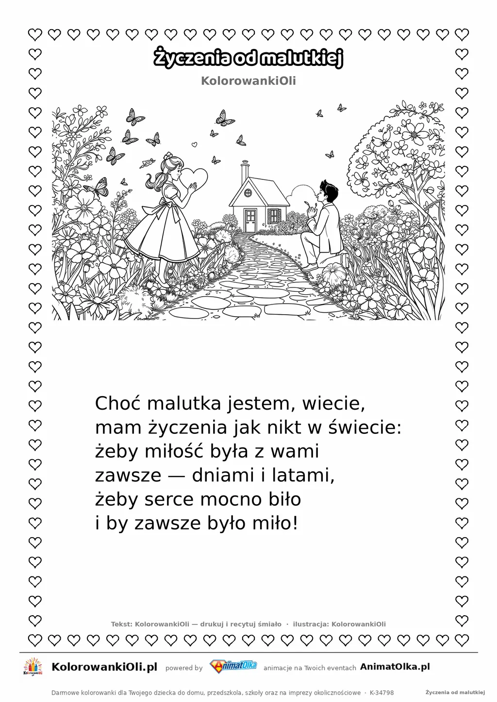 Wierszyk na wesele dla dzieci „Życzenia od malutkiej” z ilustracją do kolorowania — karta A4 do druku