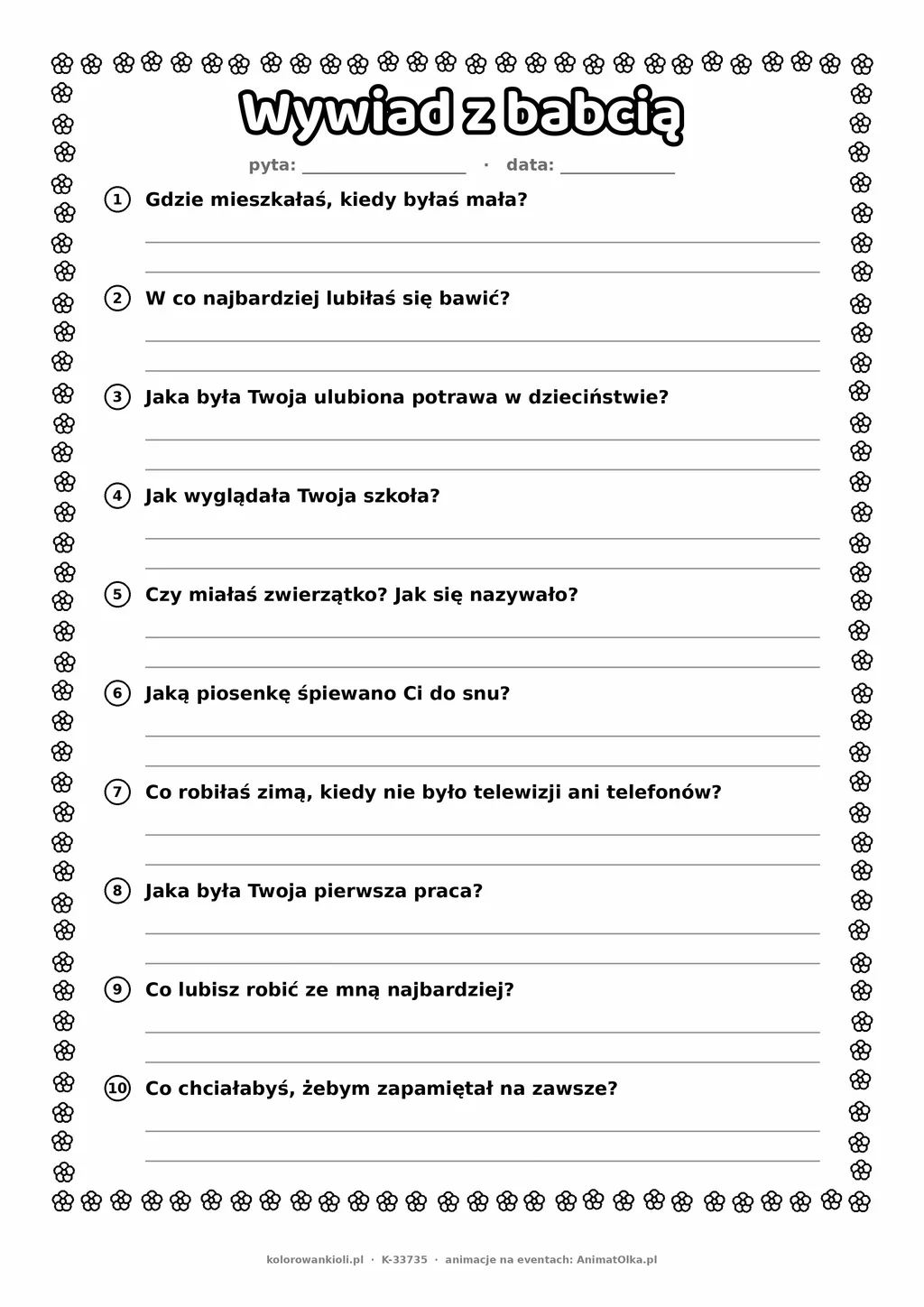 Wywiad z babcią — do druku i kolorowania na Dzień Babci i Dziadka, A4