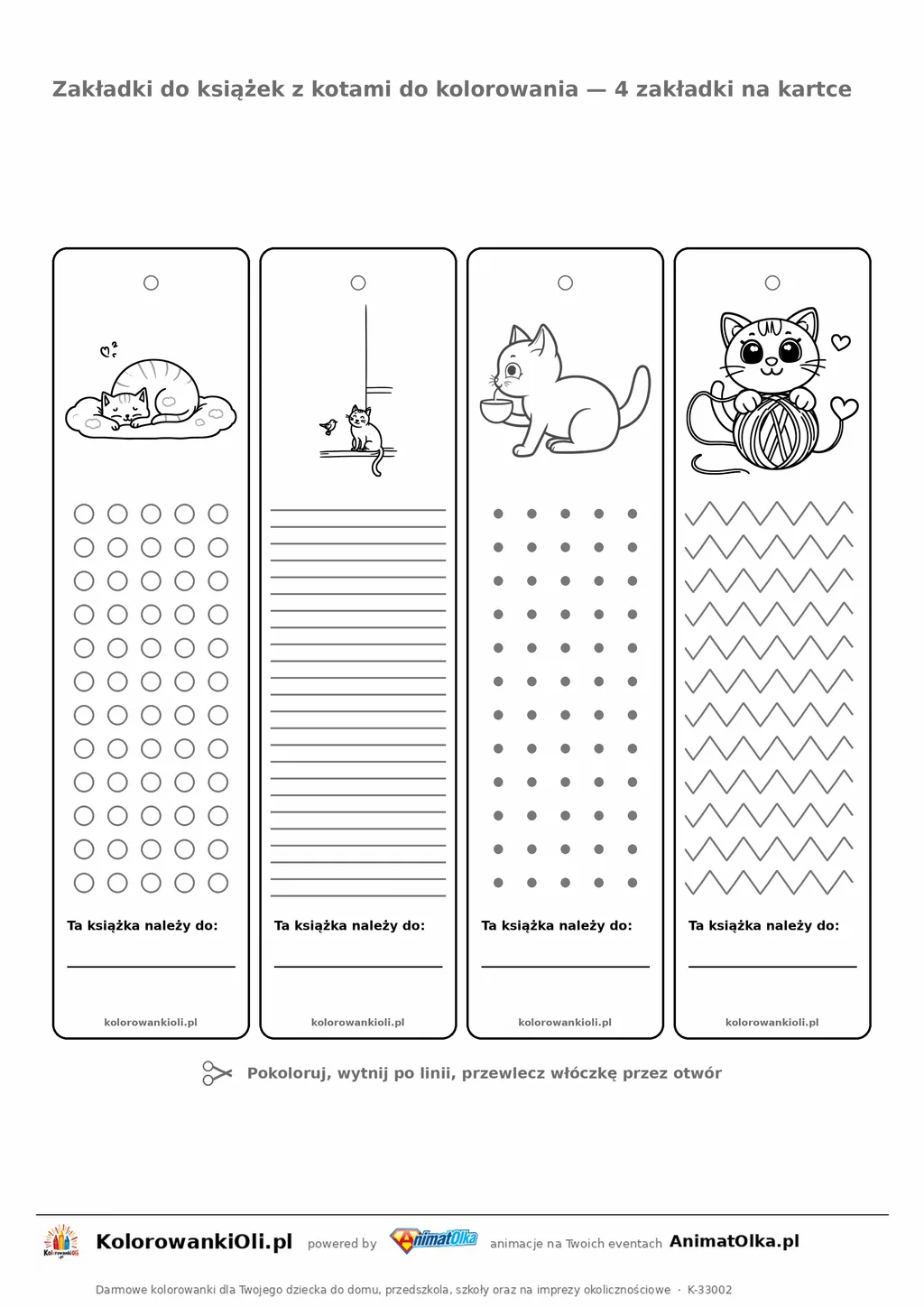 Zakładki do książek z kotami — cztery zakładki do kolorowania na kartce A4, do druku