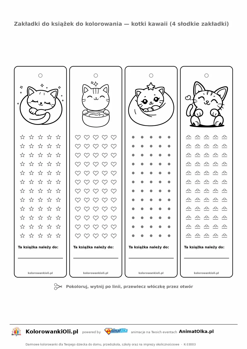 Zakładki do książek z kotkami kawaii — cztery słodkie zakładki do kolorowania na kartce A4, do druku