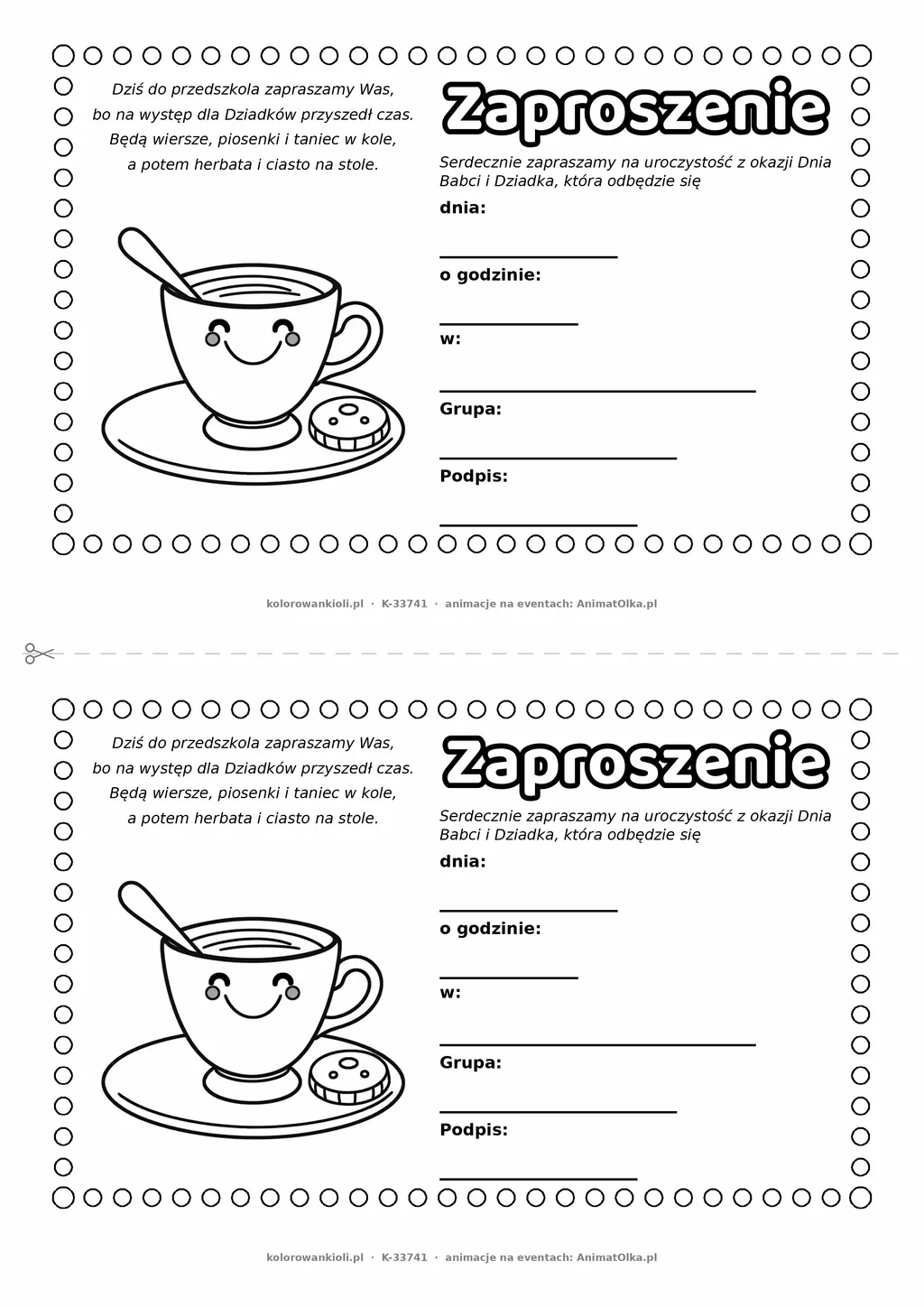Zaproszenie na uroczystość w przedszkolu z okazji Dnia Babci i Dziadka — do druku, kolorowania i wypełnienia