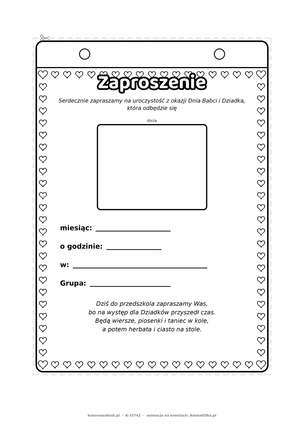 Zaproszenie na uroczystość w przedszkolu z okazji Dnia Babci i Dziadka — do druku, kolorowania i wypełnienia