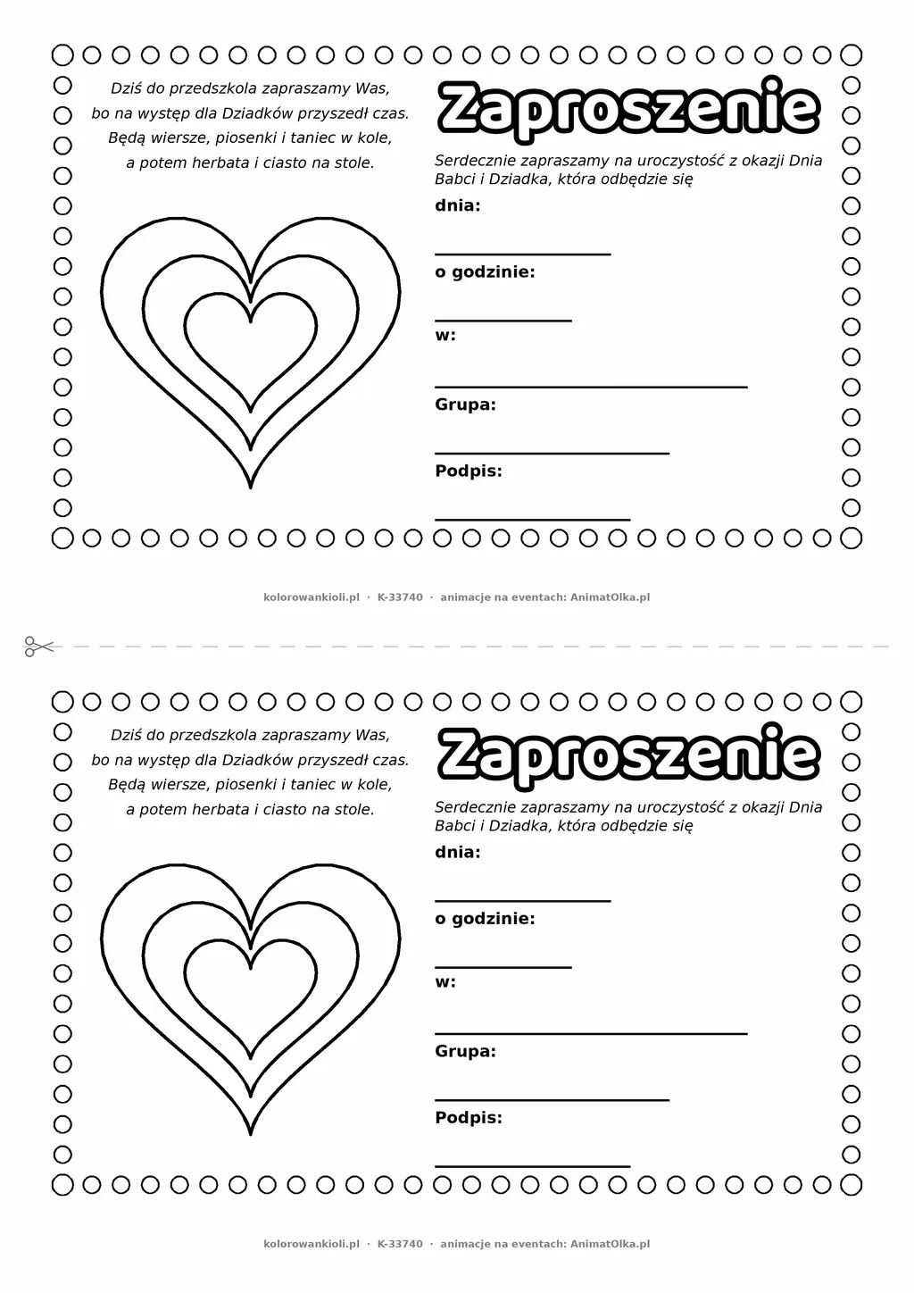 Zaproszenie na uroczystość w przedszkolu z okazji Dnia Babci i Dziadka — do druku, kolorowania i wypełnienia