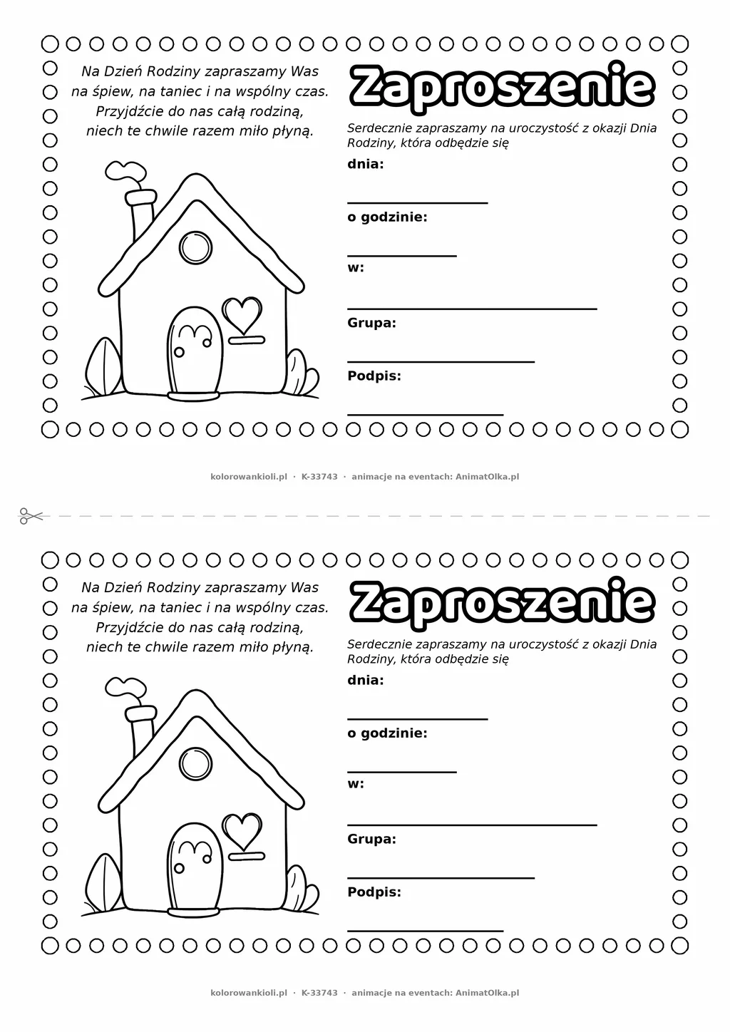 Zaproszenie na uroczystość w przedszkolu z okazji Dnia Rodziny — do druku, kolorowania i wypełnienia