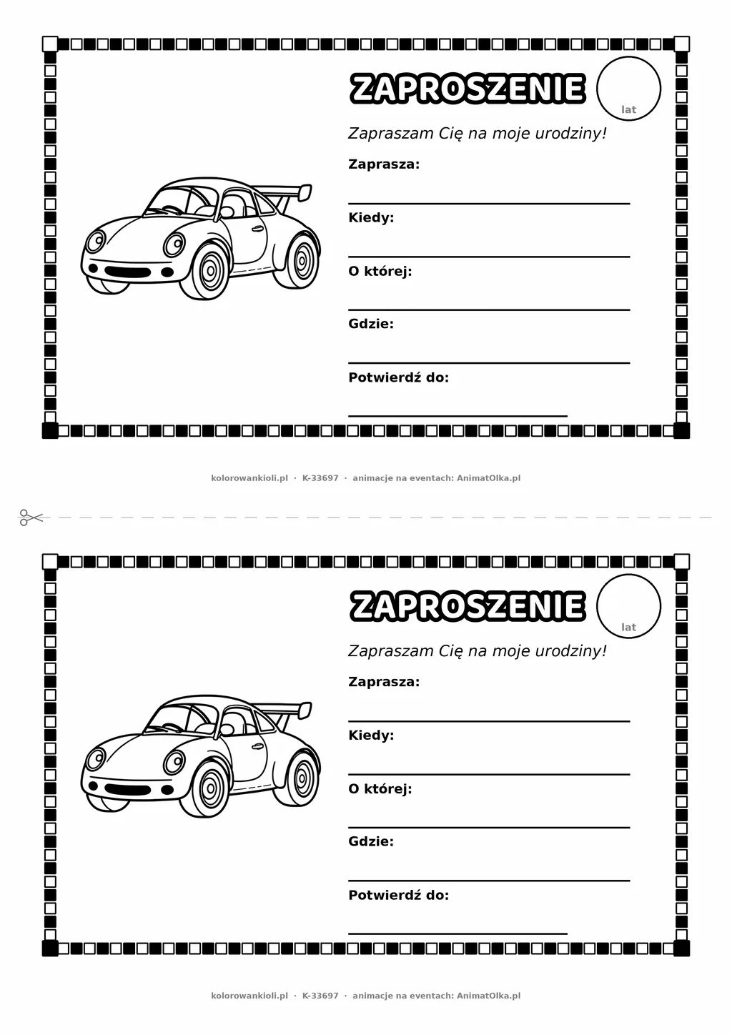 Zaproszenie na urodziny z autami do kolorowania — czarno-biały szablon, 2 karty A5 na kartce A4