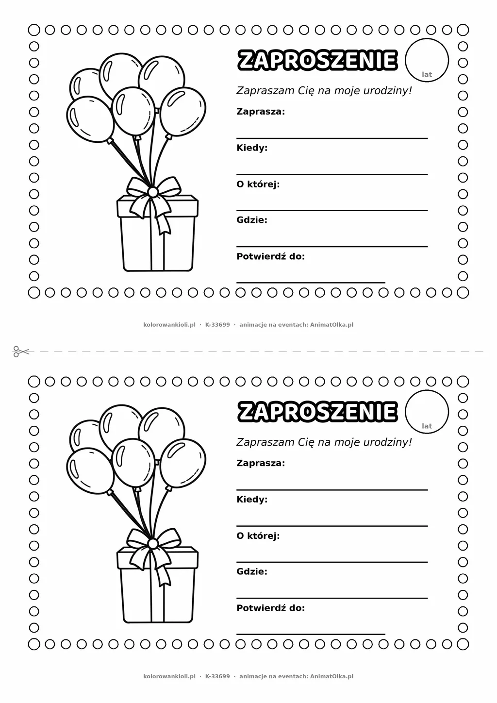 Zaproszenie na urodziny z balonami do kolorowania — czarno-biały szablon, 2 karty A5 na kartce A4