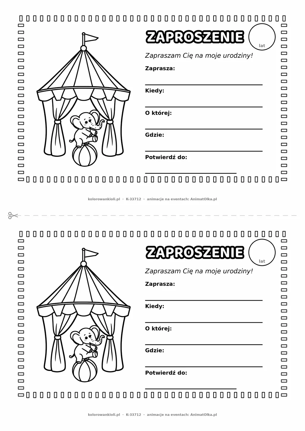 Zaproszenie na urodziny z cyrkowym namiotem do kolorowania — czarno-biały szablon, 2 karty A5 na kartce A4