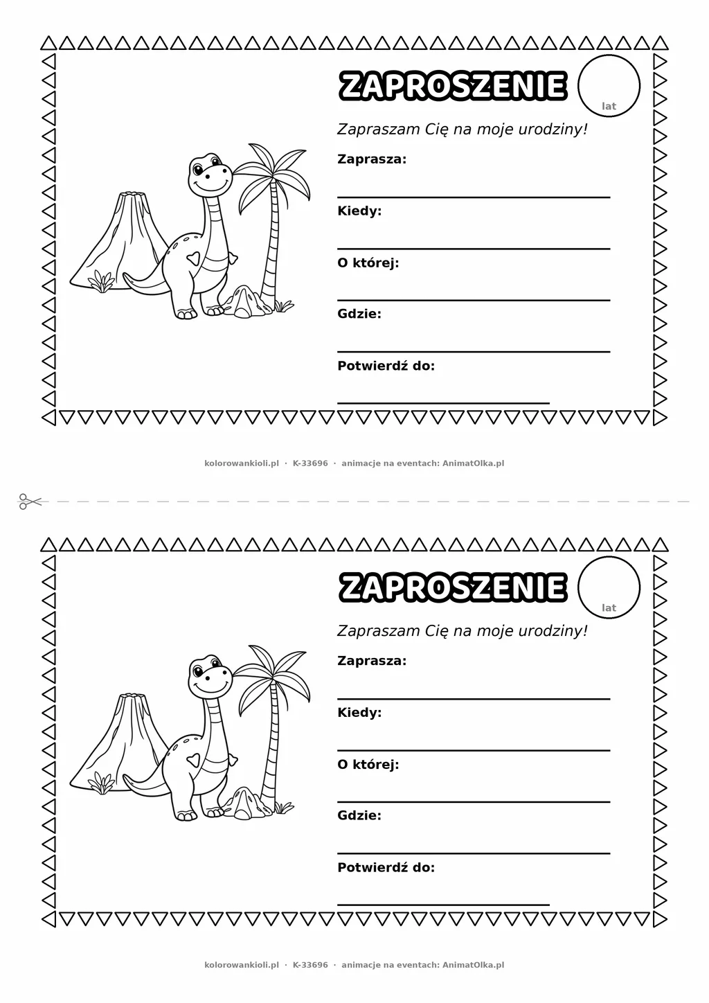 Zaproszenie na urodziny z dinozaurami do kolorowania — czarno-biały szablon, 2 karty A5 na kartce A4