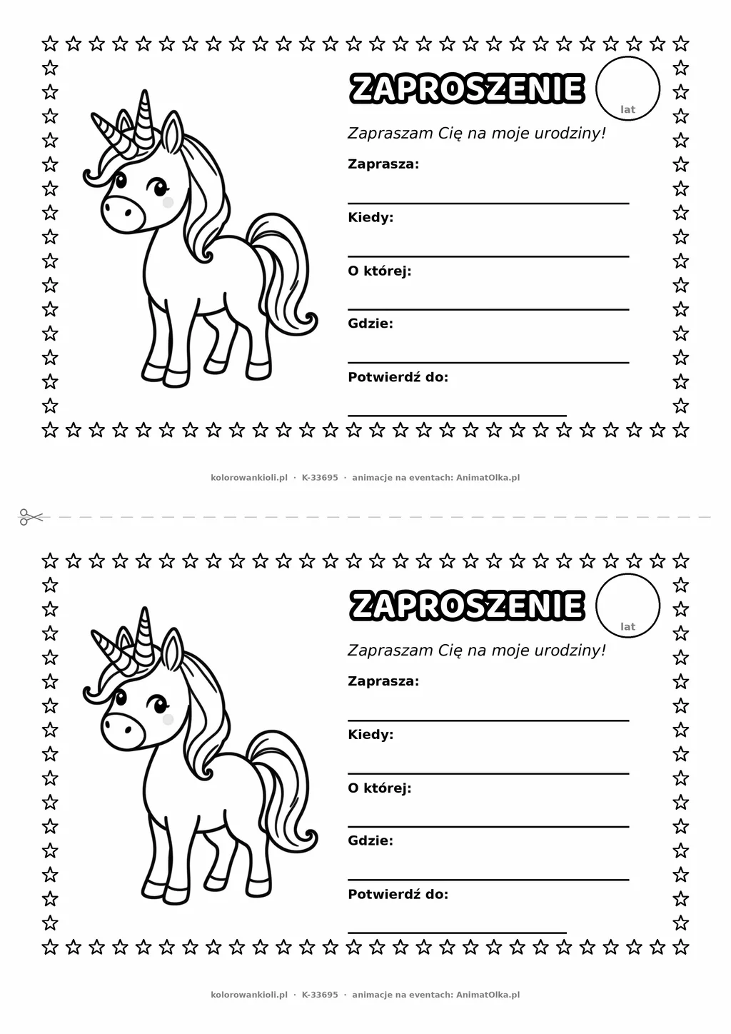 Zaproszenie na urodziny z jednorożcem do kolorowania — czarno-biały szablon, 2 karty A5 na kartce A4