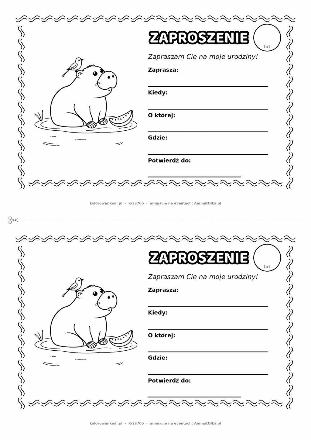 Zaproszenie na urodziny z kapibarą do kolorowania — czarno-biały szablon, 2 karty A5 na kartce A4