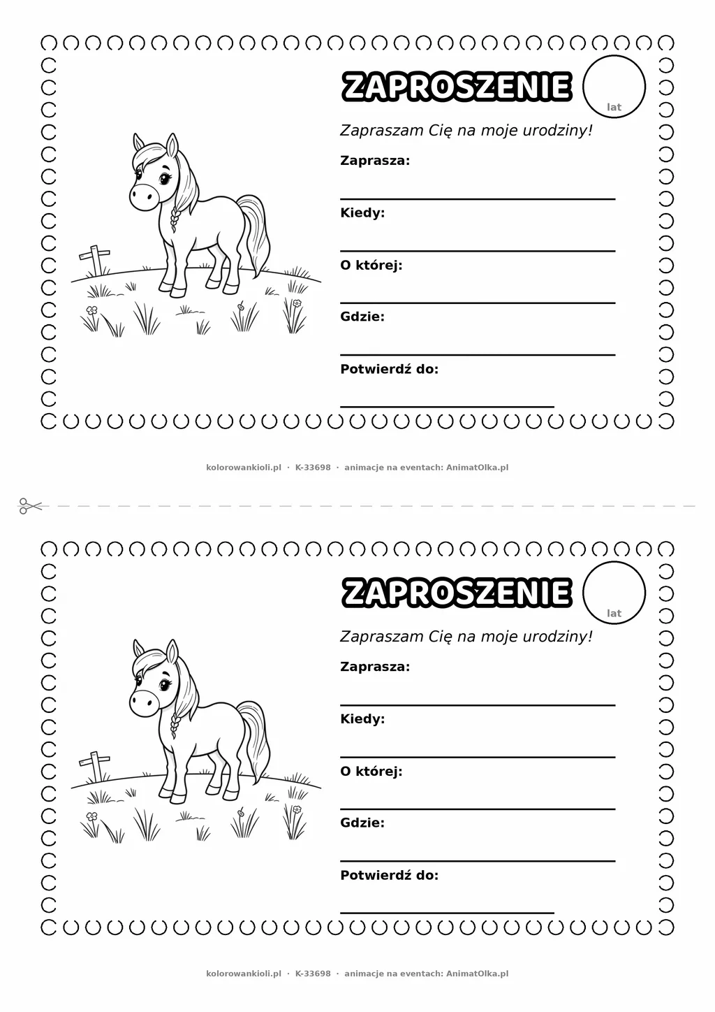Zaproszenie na urodziny z koniem do kolorowania — czarno-biały szablon, 2 karty A5 na kartce A4