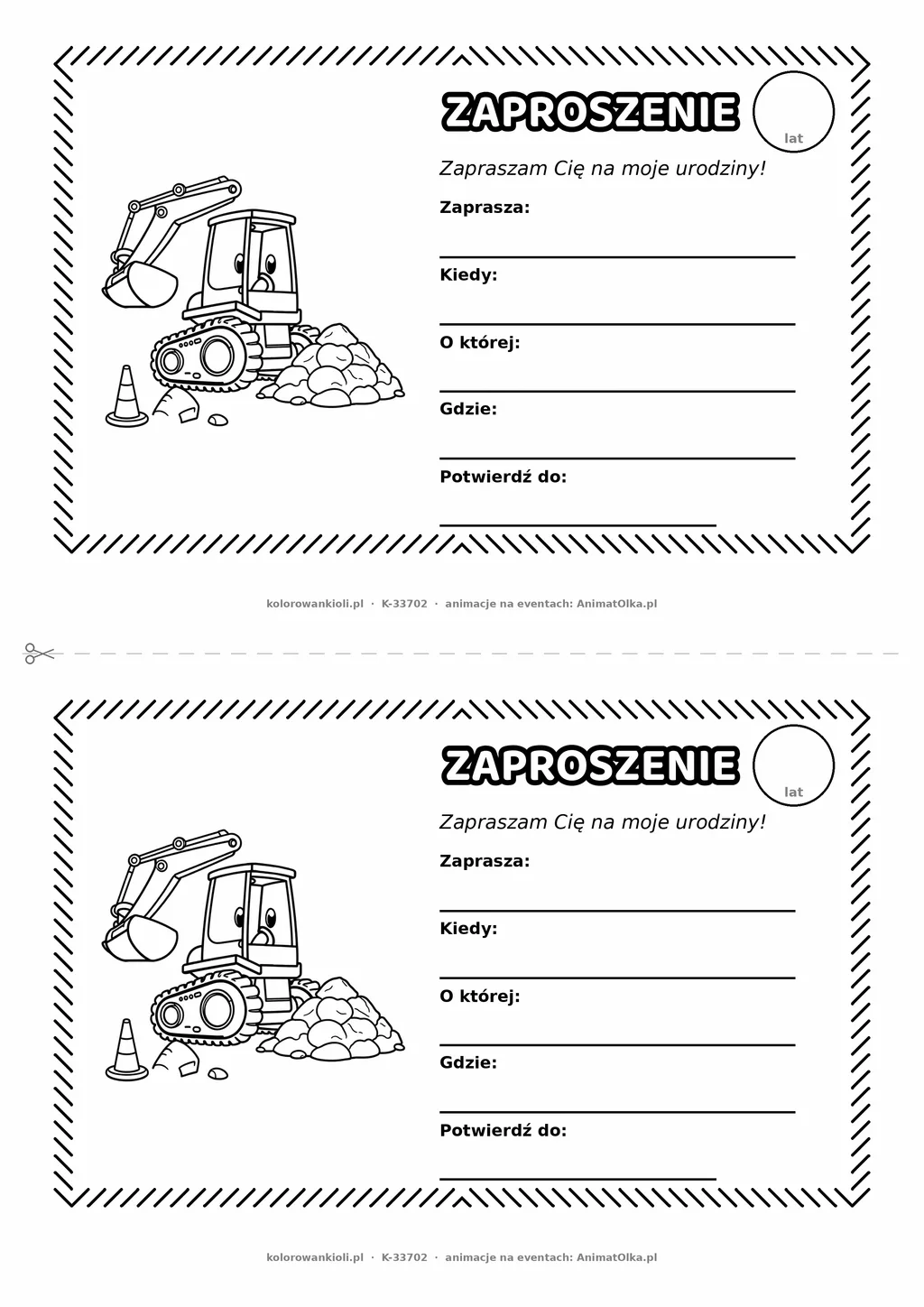 Zaproszenie na urodziny z koparką do kolorowania — czarno-biały szablon, 2 karty A5 na kartce A4