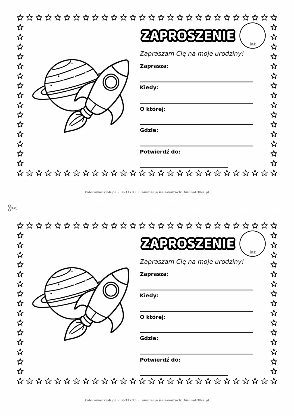 Zaproszenie na urodziny z rakietą i planetami do kolorowania — czarno-biały szablon, 2 karty A5 na kartce A4