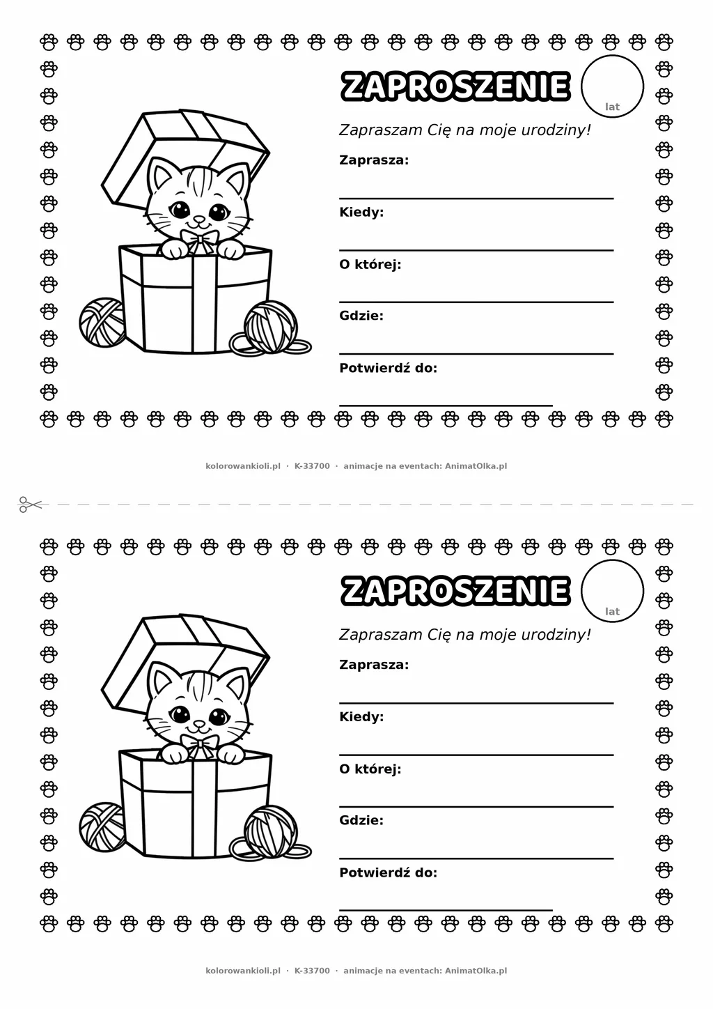 Zaproszenie na urodziny z kotem do kolorowania — czarno-biały szablon, 2 karty A5 na kartce A4