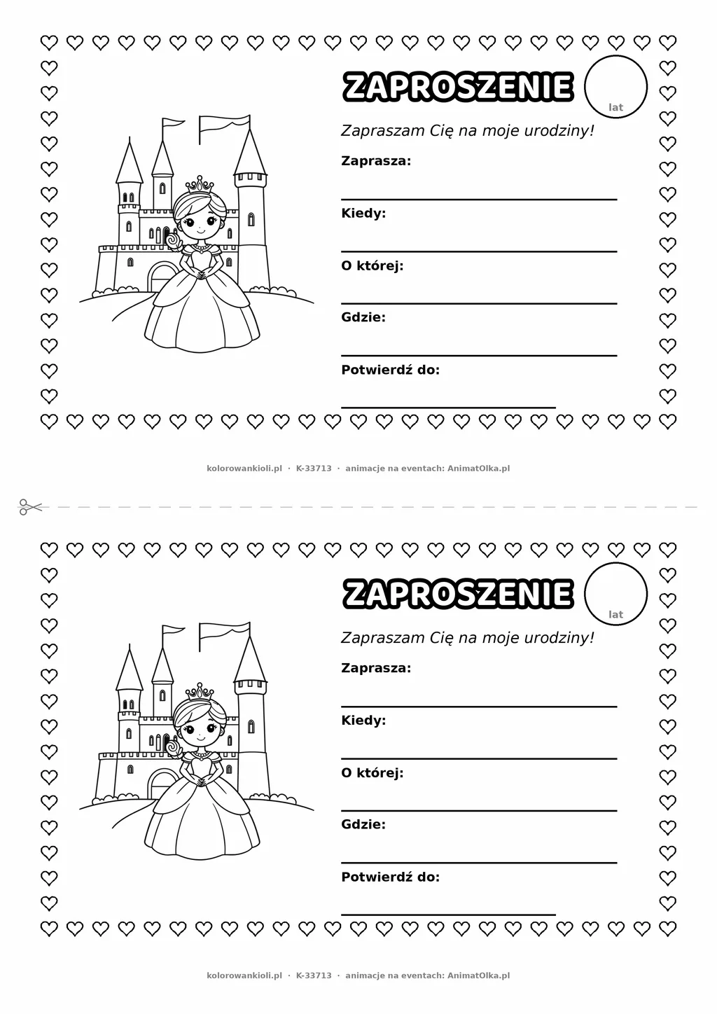 Zaproszenie na urodziny z księżniczką i zamkiem do kolorowania — czarno-biały szablon, 2 karty A5 na kartce A4