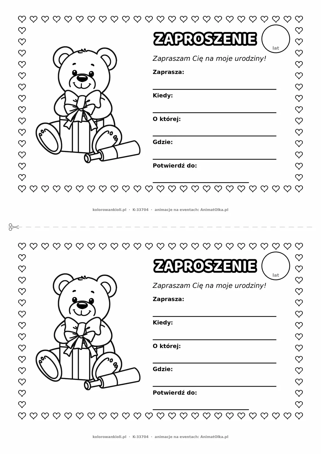 Zaproszenie na urodziny z misiem do kolorowania — czarno-biały szablon, 2 karty A5 na kartce A4
