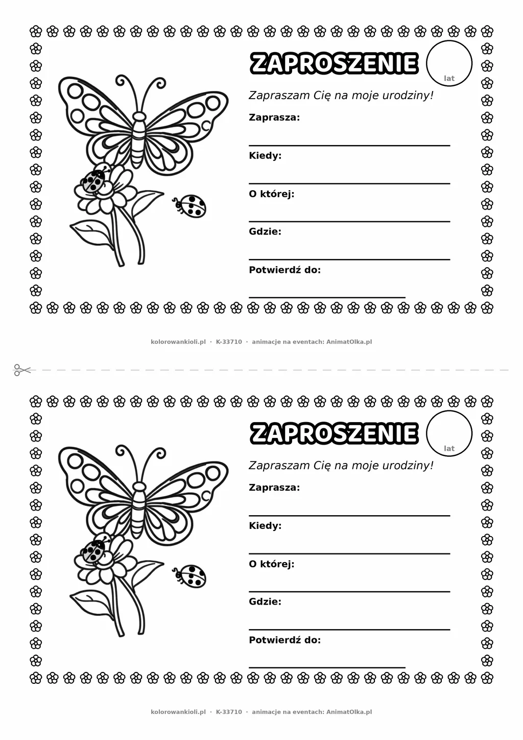 Zaproszenie na urodziny z motylami do kolorowania — czarno-biały szablon, 2 karty A5 na kartce A4