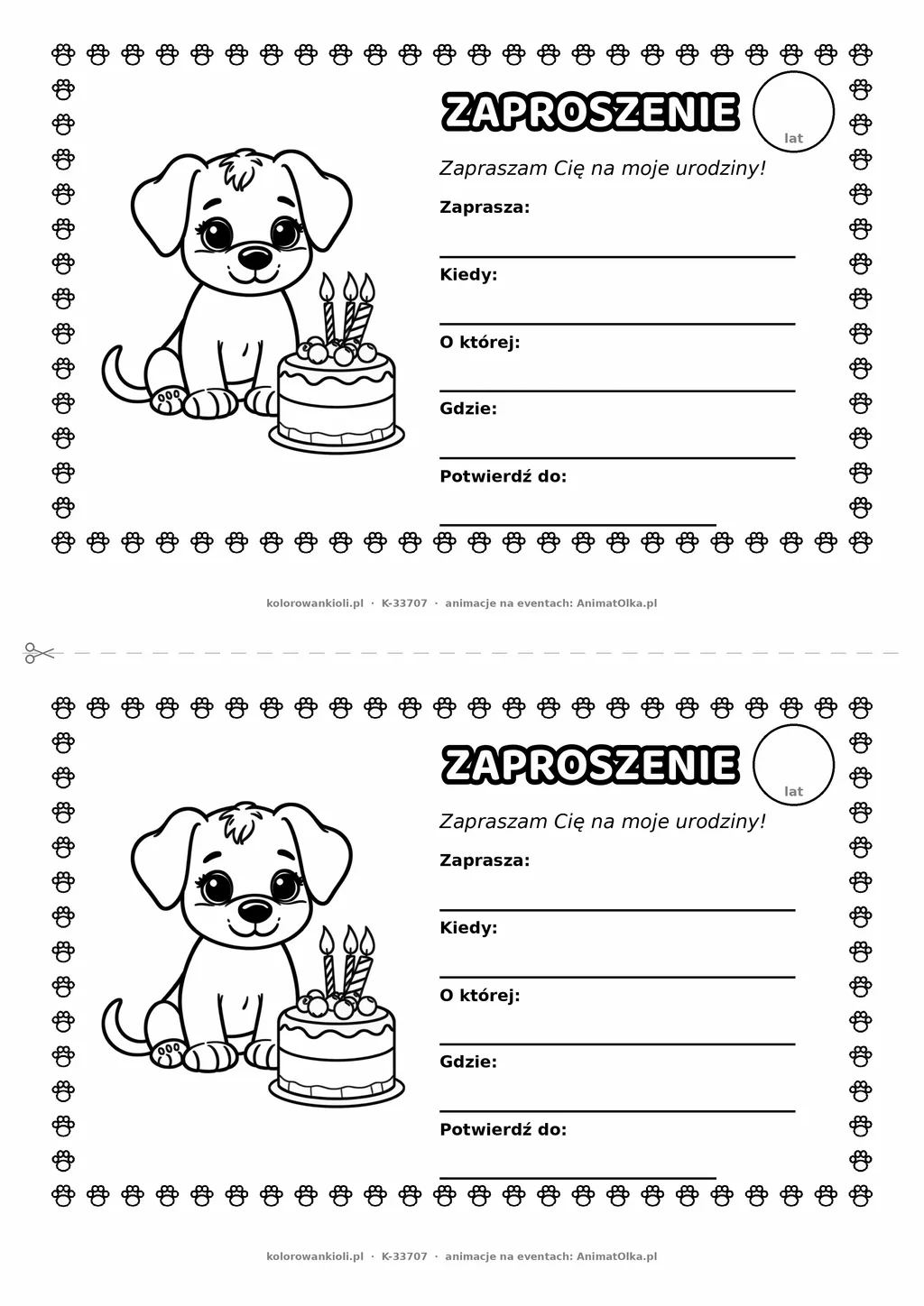 Zaproszenie na urodziny z pieskiem do kolorowania — czarno-biały szablon, 2 karty A5 na kartce A4
