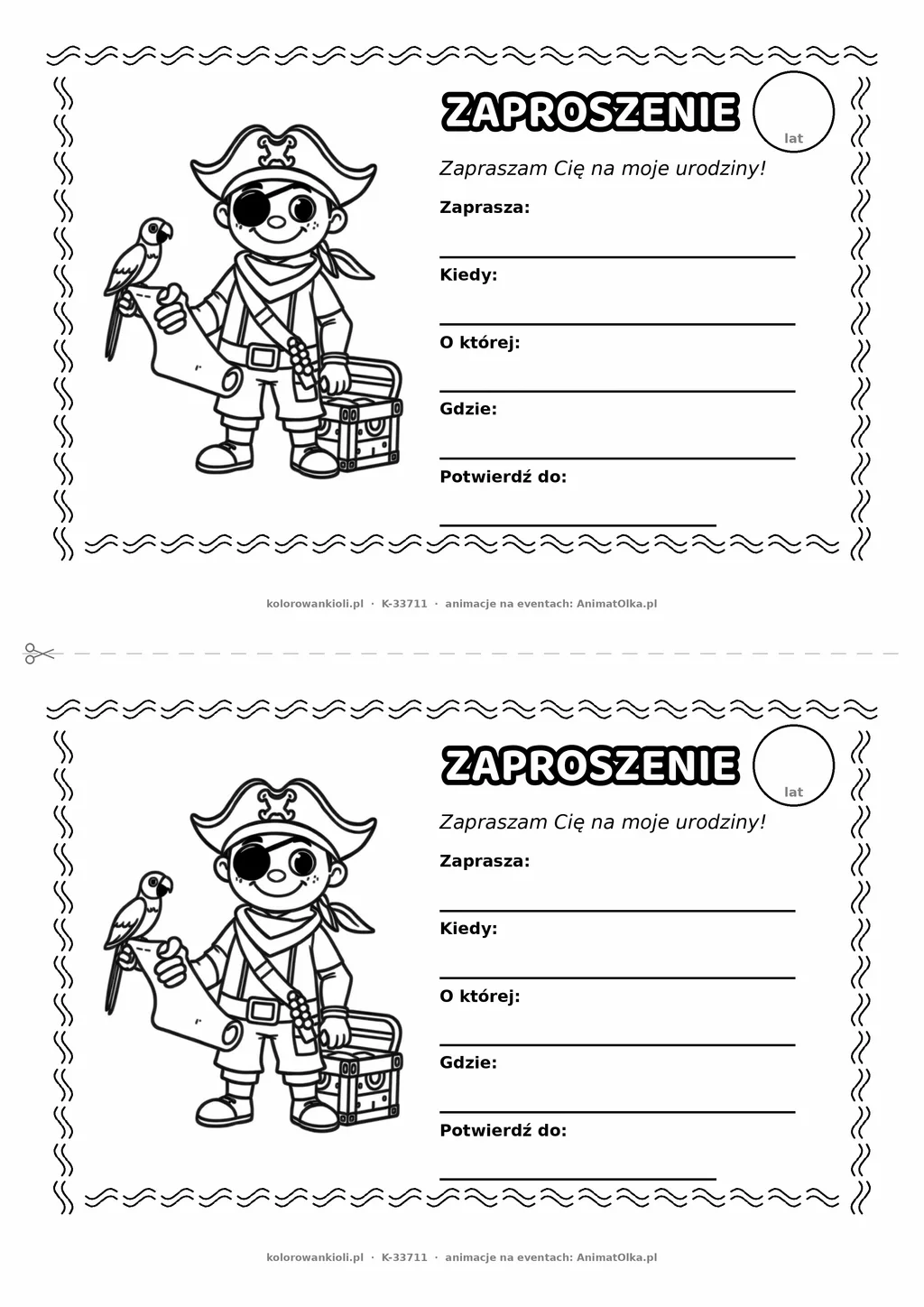 Zaproszenie na urodziny z piratem do kolorowania — czarno-biały szablon, 2 karty A5 na kartce A4