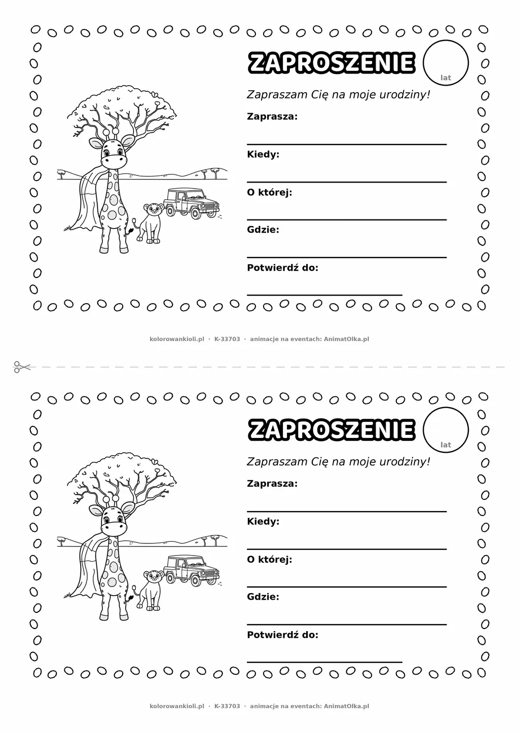 Zaproszenie na urodziny z żyrafą i lwem do kolorowania — czarno-biały szablon, 2 karty A5 na kartce A4