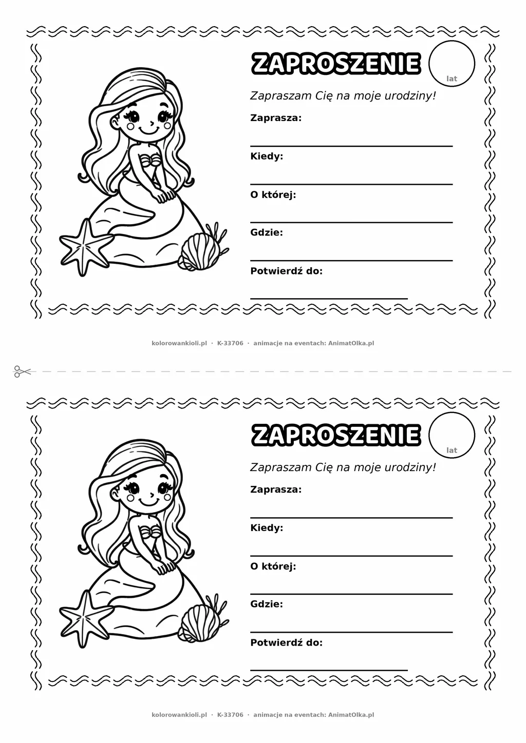 Zaproszenie na urodziny z syrenką do kolorowania — czarno-biały szablon, 2 karty A5 na kartce A4