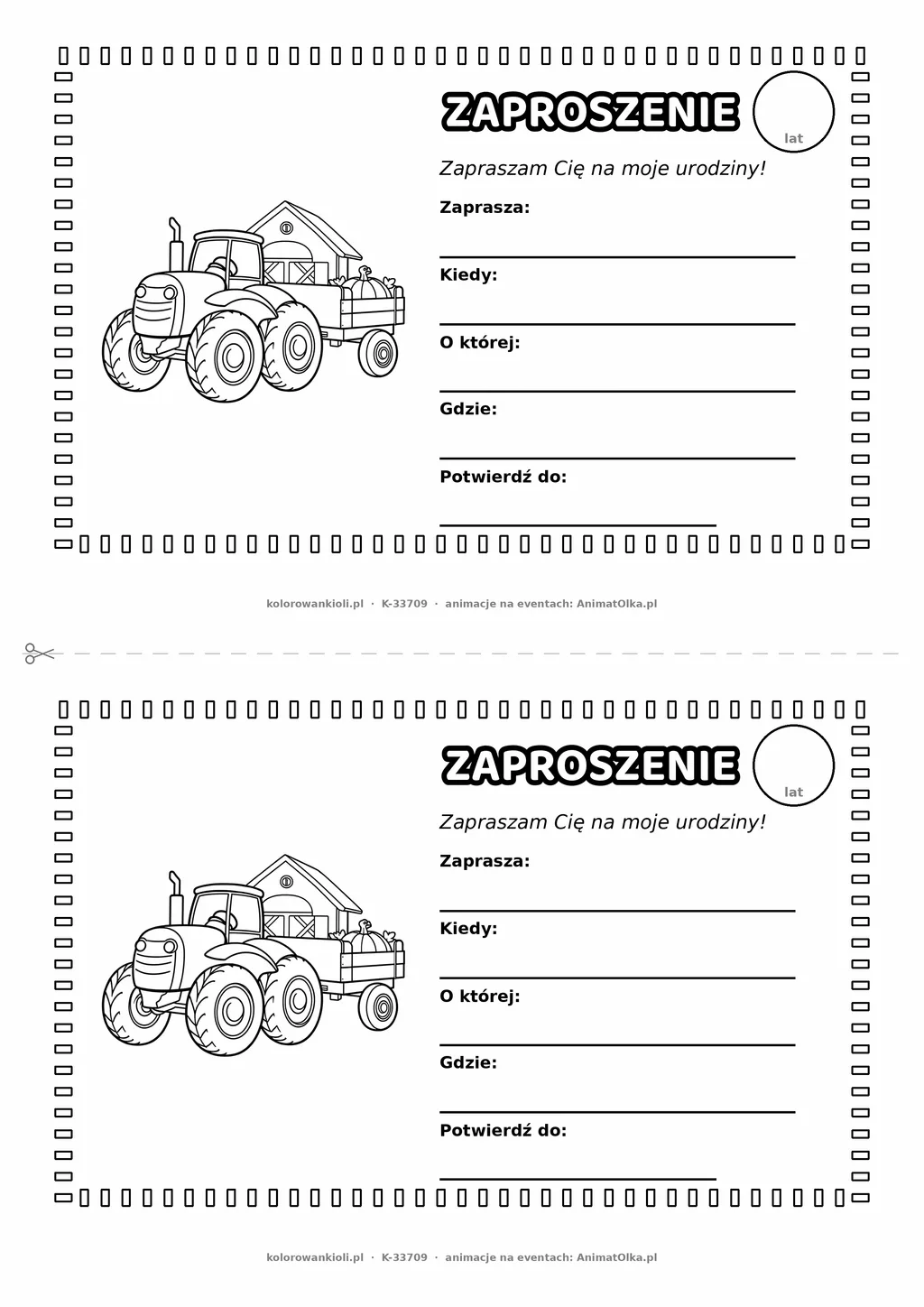 Zaproszenie na urodziny z traktorem do kolorowania — czarno-biały szablon, 2 karty A5 na kartce A4