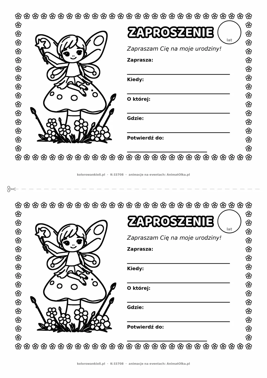 Zaproszenie na urodziny z wróżką do kolorowania — czarno-biały szablon, 2 karty A5 na kartce A4