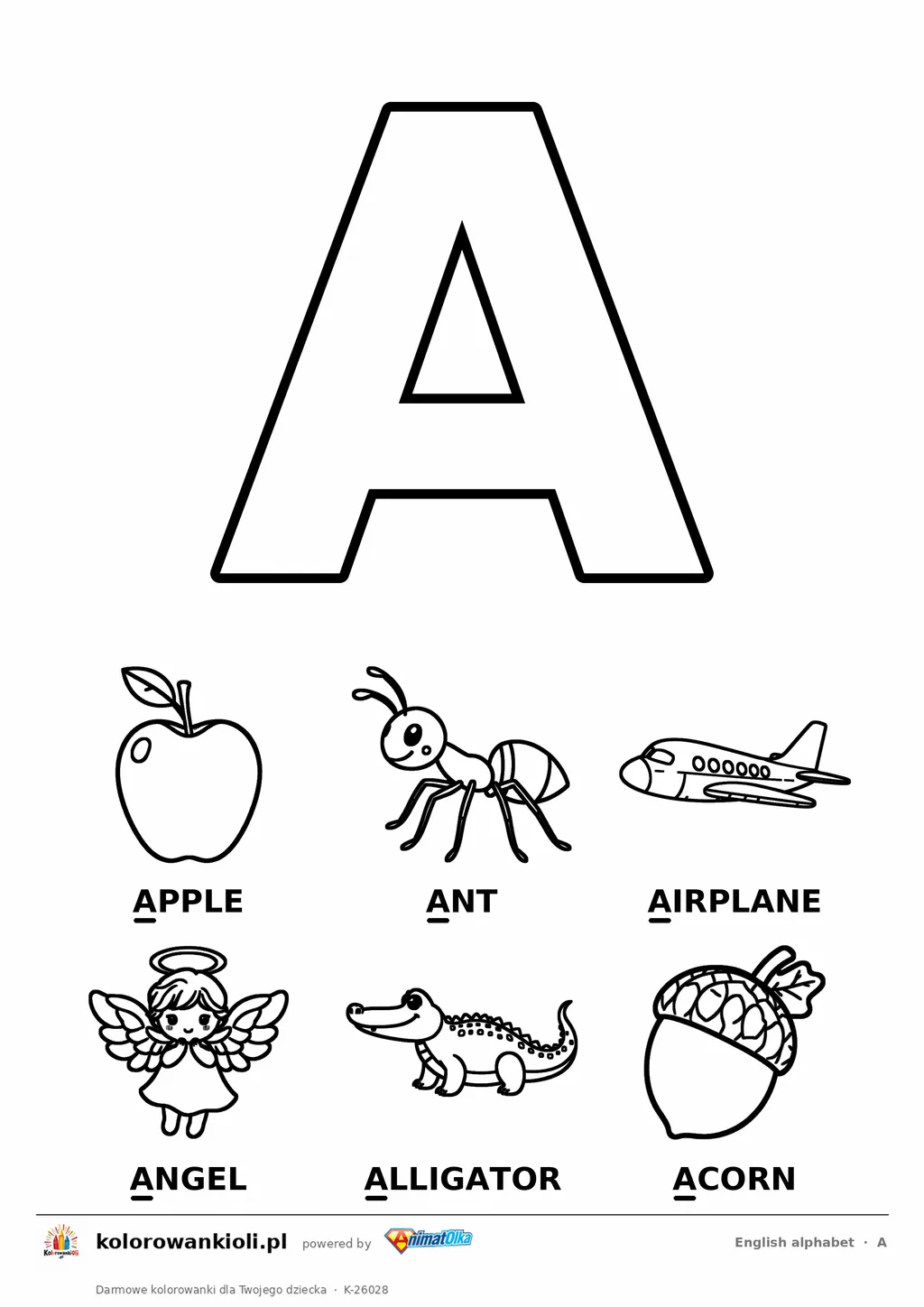 Angielski alfabet, litera A do kolorowania i sześć obrazków: apple, ant, airplane, angel, alligator, acorn — karta do druku
