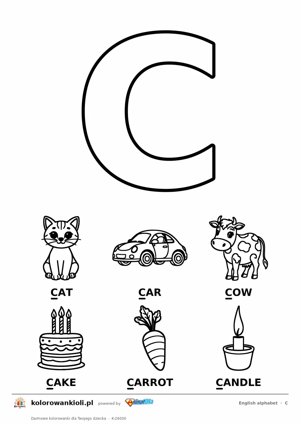 Angielski alfabet, litera C do kolorowania i sześć obrazków: cat, car, cow, cake, carrot, candle — karta do druku