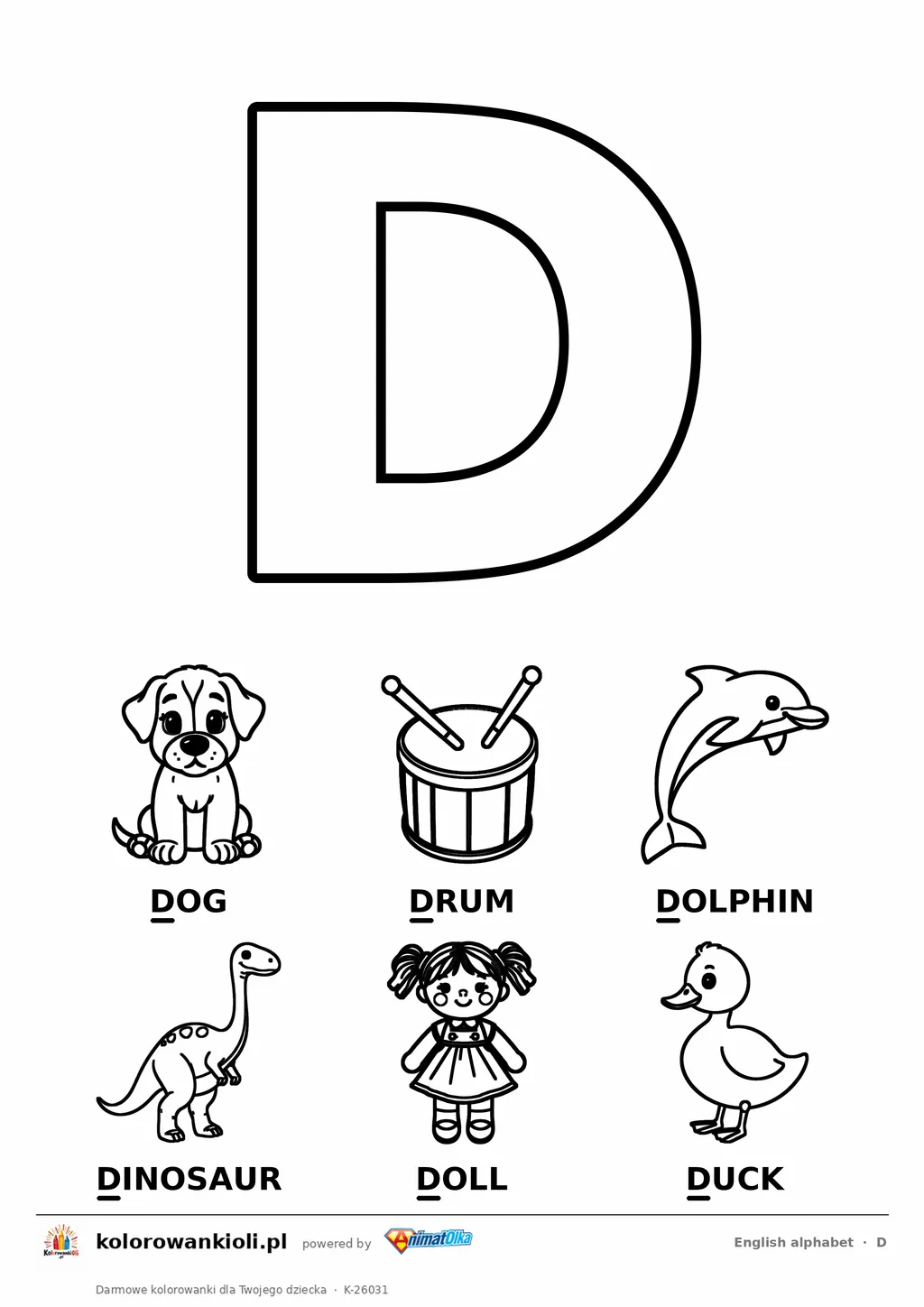Angielski alfabet, litera D do kolorowania i sześć obrazków: dog, drum, dolphin, dinosaur, doll, duck — karta do druku