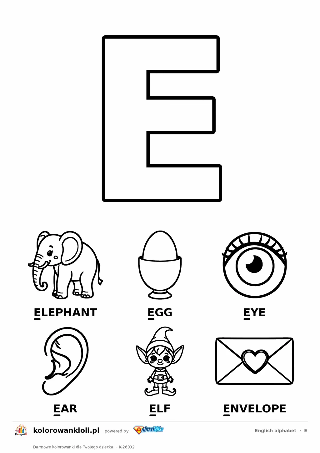 Angielski alfabet, litera E do kolorowania i sześć obrazków: elephant, egg, eye, ear, elf, envelope — karta do druku