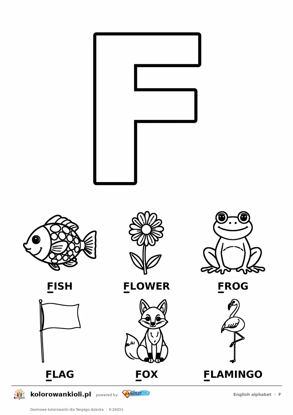 Angielski alfabet, litera F do kolorowania i sześć obrazków: fish, flower, frog, flag, fox, flamingo — karta do druku