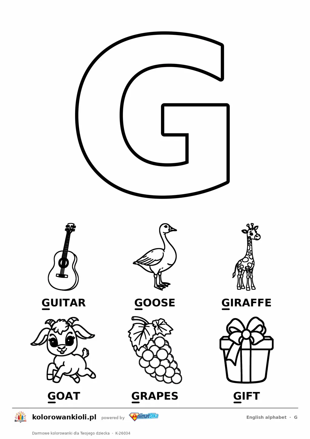 Angielski alfabet, litera G do kolorowania i sześć obrazków: guitar, goose, giraffe, goat, grapes, gift — karta do druku