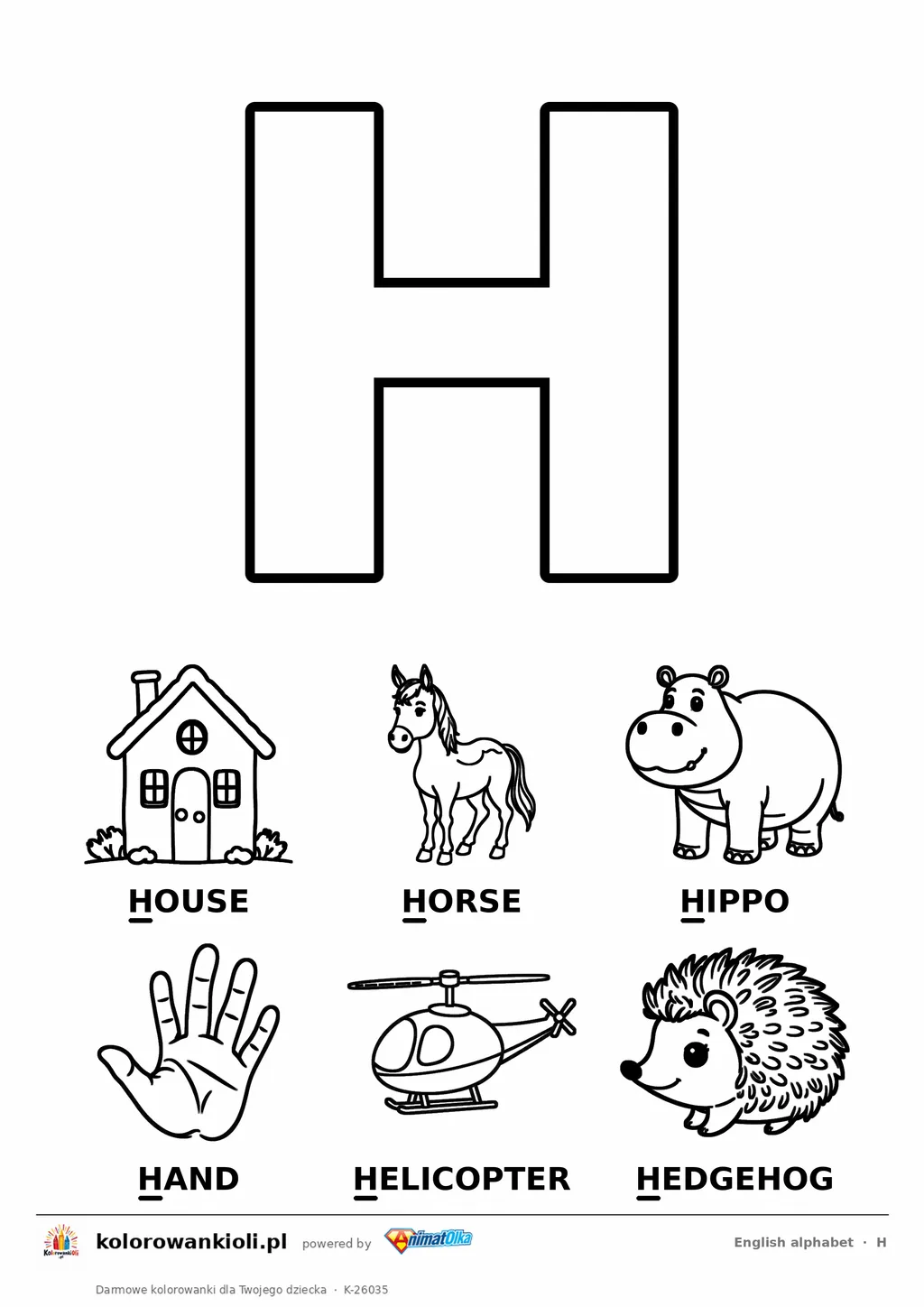 Angielski alfabet, litera H do kolorowania i sześć obrazków: house, horse, hippo, hand, helicopter, hedgehog — karta do druku