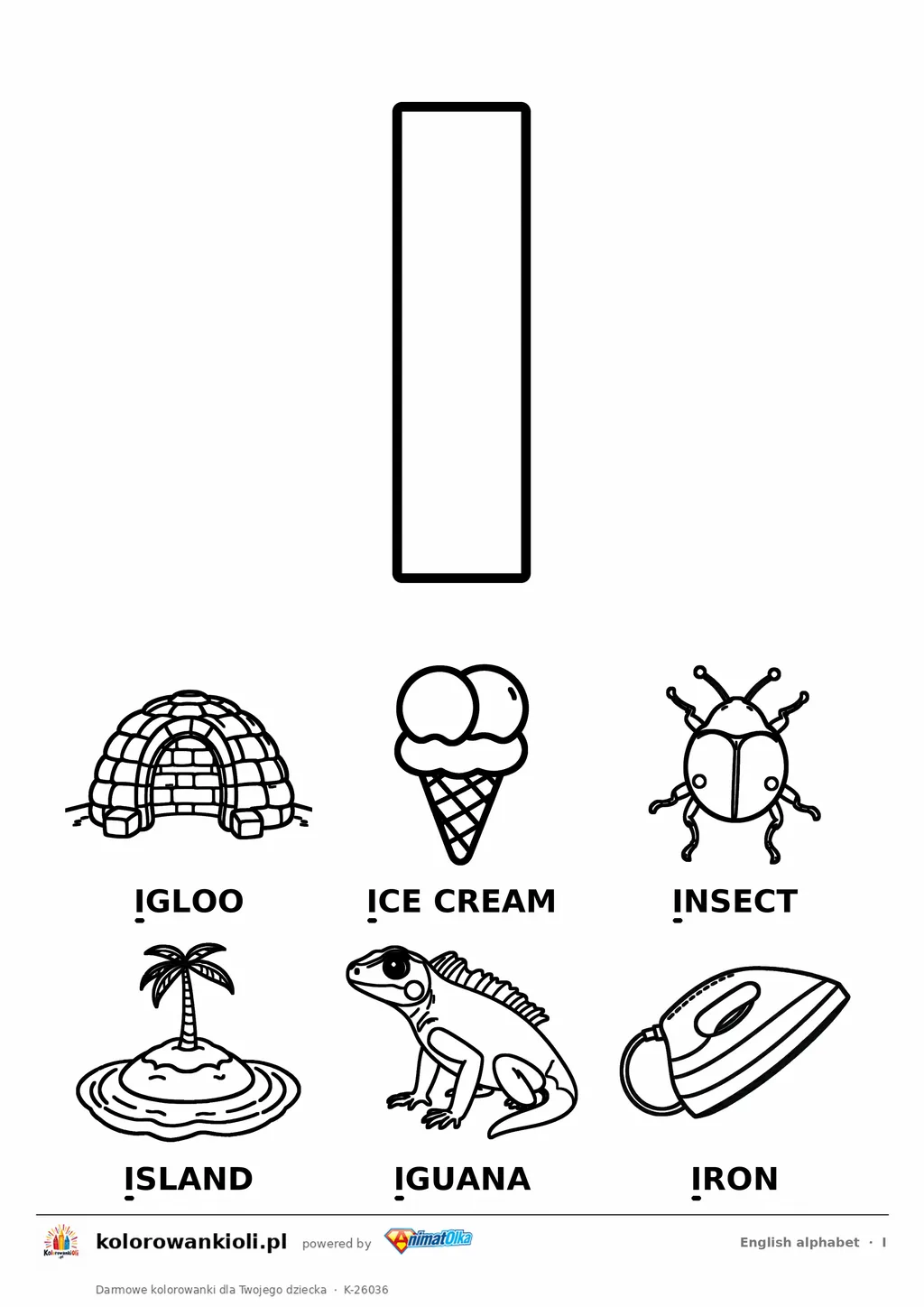 Angielski alfabet, litera I do kolorowania i sześć obrazków: igloo, ice cream, insect, island, iguana, iron — karta do druku