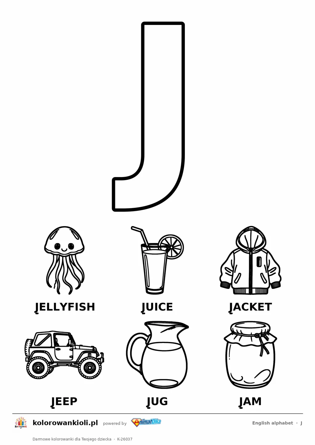 Angielski alfabet, litera J do kolorowania i sześć obrazków: jellyfish, juice, jacket, jeep, jug, jam — karta do druku