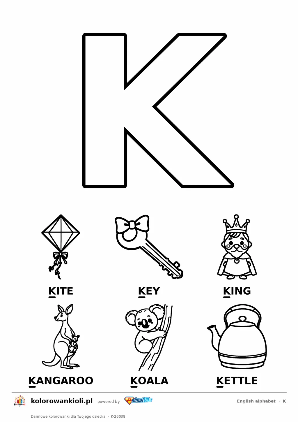 Angielski alfabet, litera K do kolorowania i sześć obrazków: kite, key, king, kangaroo, koala, kettle — karta do druku