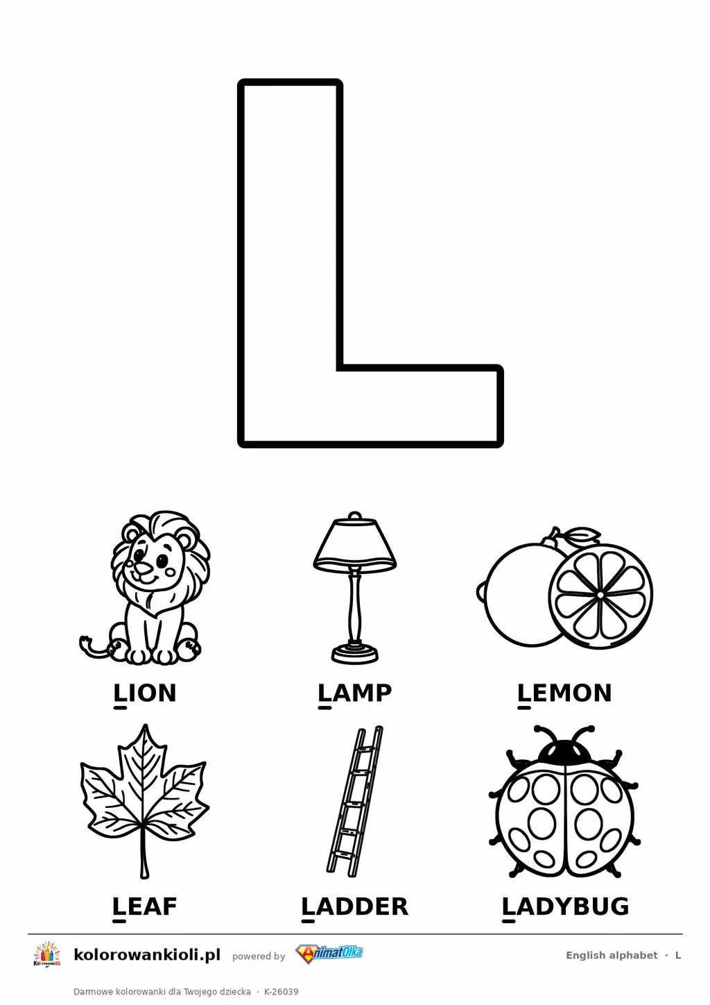Angielski alfabet, litera L do kolorowania i sześć obrazków: lion, lamp, lemon, leaf, ladder, ladybug — karta do druku