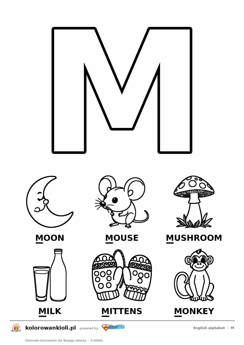 Angielski alfabet, litera M do kolorowania i sześć obrazków: moon, mouse, mushroom, milk, mittens, monkey — karta do druku